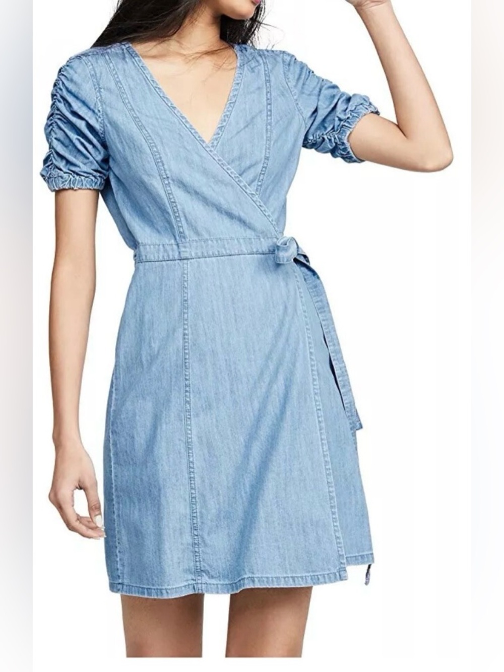 Madewell Light Blue Denim Wrap Dress with Ruched Short Sleeves